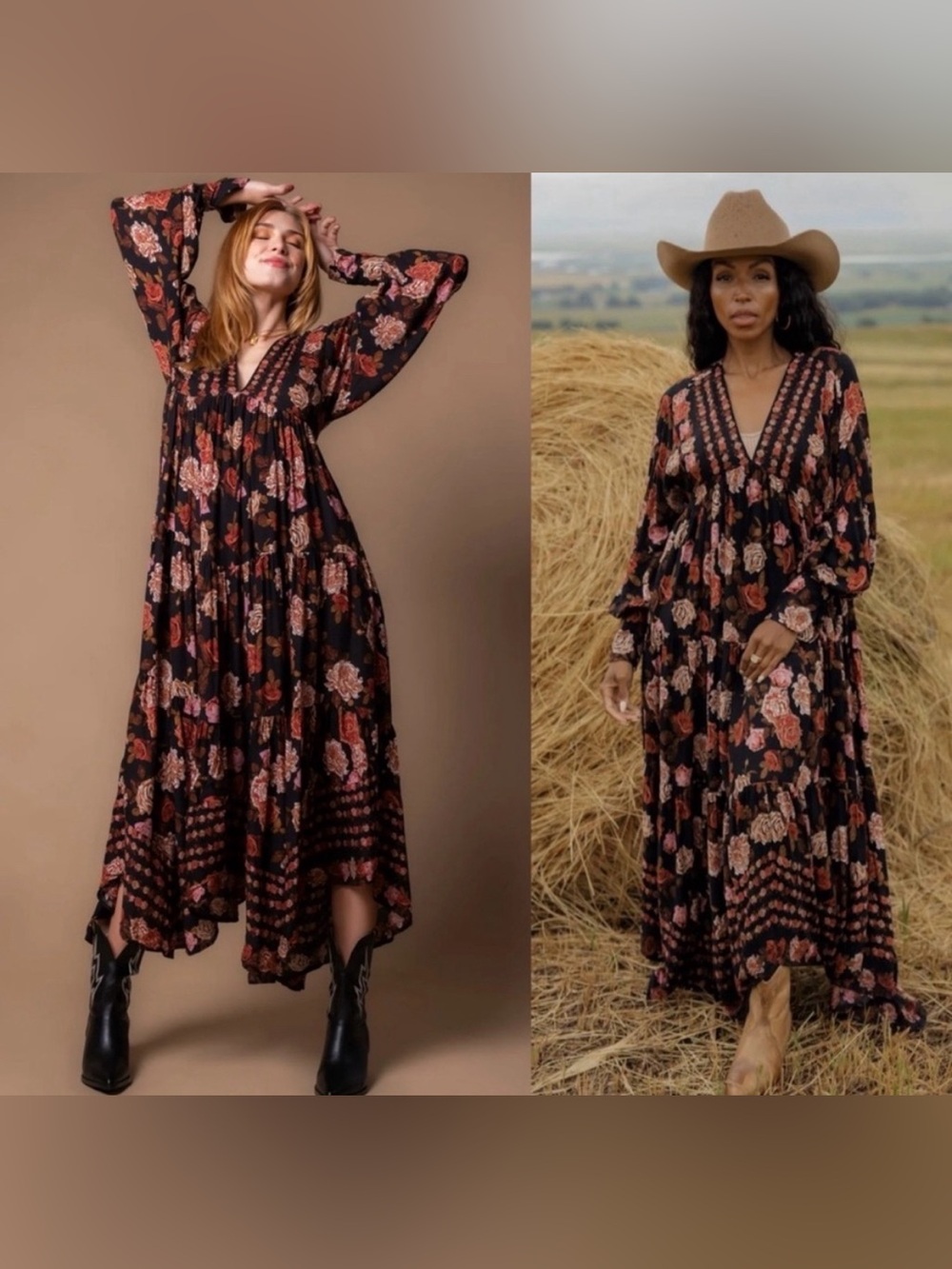 Free People Black Floral V-Neck Tiered Maxi Dress with Warm Blooms